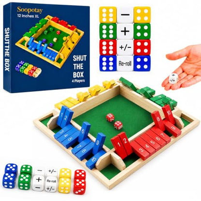 Upgraded 12-inch Shut The Box Game, Easy Quick and Fun Educational Math Game with 4 Symbolic Dice, 1-4 Players Wooden Board Games for Family Night Classroom Party, Tabletop Games for Kids Adult Senior - size: 12Inch