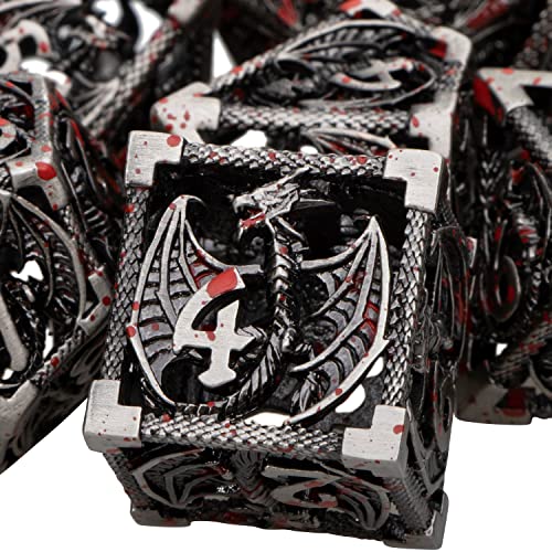 ARUOHHA Hollow DND Metal Dice Set Blood Dragons D and D Dice, RPG Role Playing Games Dungeons Polyhedral Dice with Gift Box D20 D12 D10 D8 D6 D4 - color: Blood Splash