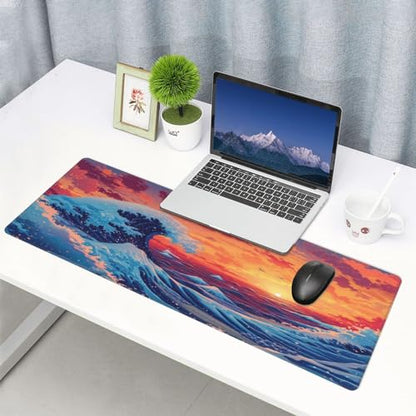 Gaming Mouse Pad Desk Pad,Extended Big Mouse Pad,31.5x11.8 Inch Long Computer Keyboard Mouse Mat Mousepad with 3mm Non-Slip Base and Stitched Edge for Gaming and Office… (Sunset Wave) - color: Sunset Wave