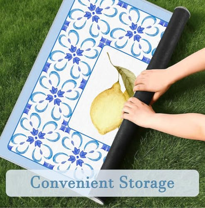 Boho Blue Summer Italian Lemon Mahjong Mat 31.5x31.5 Inch, Mediterranean Tiles Non-Slip and Noise Reduction Mah Jong Table Mat Cover Gifts for Mahjong Lovers Poker Board Games Dominoes - color: Summer Italian Lemon