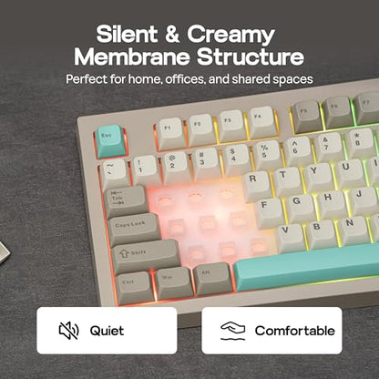 MechLands Aula S102 Membrane Gaming Keyboard with Number Pad, 100% Full Size Layout, USB-C Wired, RGB Backlit, Creamy Silicone Structure, Silent Keyboard for PC Game/Office (Grey) - color: Grey