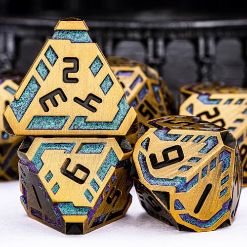 Metal DND Sci-fi Dice Set 7PCS Stripe Polyhedral Dice for Dungeons Dragons RPG Role Playing Game, Glitter D and D Dice with Gift Box D6 D8 D10 D12 D20 (Ancient Gold&Green Purple) - color: Ancient Gold - Green Purple