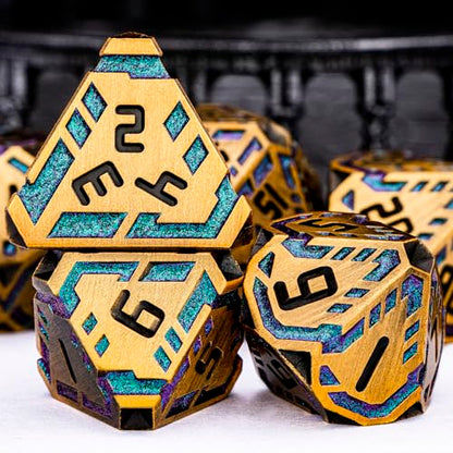 Metal DND Sci-fi Dice Set 7PCS Stripe Polyhedral Dice for Dungeons Dragons RPG Role Playing Game, Glitter D and D Dice with Gift Box D6 D8 D10 D12 D20 (Ancient Gold&Green Purple) - color: Ancient Gold - Green Purple