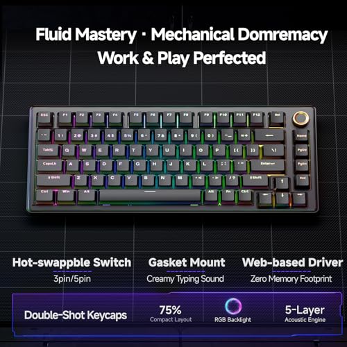TMKB T81E Mechanical Gaming Keyboard, 75% Gasket Mount Wired Keyboard with Knob & 5-Layer Sound Dampening, Hot-Swappable, RGB Backlit, 82 Keys for Windows/Mac/Linux - Black