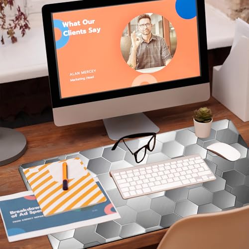 Large Gaming Mouse Pad for Desk, Silver Technology Honeycomb Desk Mat, Sci-Fi Honeycomb Desk Pad, 31.5"x15.7" Extended Big Computer Keyboard Mouse Pad with Non-Slip Base and Stitched Edge - color: Silver Technology Honeycomb