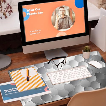 Large Gaming Mouse Pad for Desk, Silver Technology Honeycomb Desk Mat, Sci-Fi Honeycomb Desk Pad, 31.5"x15.7" Extended Big Computer Keyboard Mouse Pad with Non-Slip Base and Stitched Edge - color: Silver Technology Honeycomb