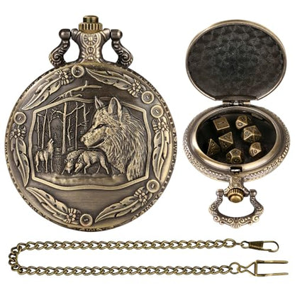 Mini DND Dice Set with Steampunk Wolf Pocket Watch Shell Case, 7pcs Polyhedral Metal D&D Dice, DND Gifts with Gift Box, Role Playing Board Games Accessories - color: Bronze