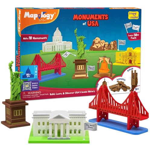 Imagimake Mapology - Monuments of USA, Build 10 3D Famous Landmarks | Educational 3D Puzzle for Kids, Learn Geography & 50+ Facts, Birthday Gift for Boys &Girls Ages 5,6,7,8,9,10,11,12 Years Old - style: Monuments of USA