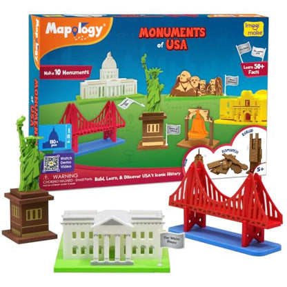 Imagimake Mapology - Monuments of USA, Build 10 3D Famous Landmarks | Educational 3D Puzzle for Kids, Learn Geography & 50+ Facts, Birthday Gift for Boys &Girls Ages 5,6,7,8,9,10,11,12 Years Old - style: Monuments of USA