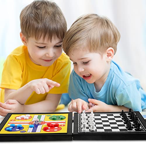 5 in 1 Magnetic Checkers Board Game Set, Travel Chess for Adults Teens | Magnetic Pieces Stay in Place, Compact Folding Board, Camping Trip Game, 5 Classic Games