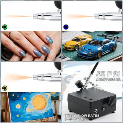 Roizefar Airbrush Kit with Compressor, 55 PSI Gun with Cleaners & Nozzles | 4x3.38 fl oz Cleaner, 0.2/0.3/0.5mm Nozzles, Cleaning Brush, Non-Clogging, for Painting, Modeling, Nail Art, Makeup, DIY