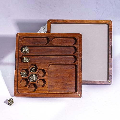 UDIXI 2 in 1 DND Dice Box, Bamboo Dice Rolling Tray for D&D Tabletop Games | Magnetic Lid, Dice Storage Box, Holder Case, Holds 6 Sets of Polyhedral Dice, for Dungeons and Dragons Role Playing Games - color: Square-no Pattern