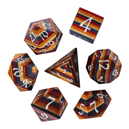 Wooden Dice Set Yellow Striped Wood DND Dice for D&D Tabletop Games | Iron Box, DM Gift, for Dungeons and Dragons Role Playing Games - color: Yellow Striped/Silver
