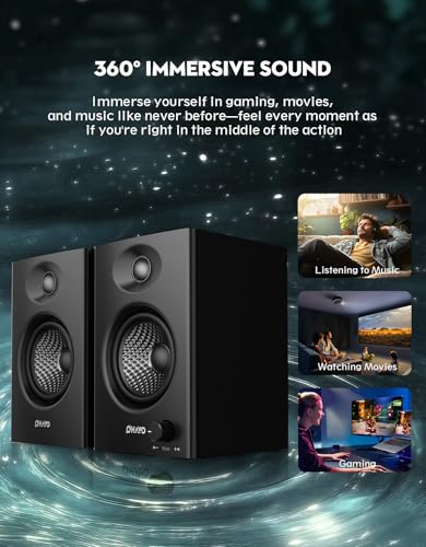 OHAYO 60W Computer Speakers for Music and Gaming, Active Bluetooth 5.3, Stereo 2.0 Speakers for Desktop PC or Laptop, 3.5mm Aux RCA USB Input, 1 Pair, Black - color: Black