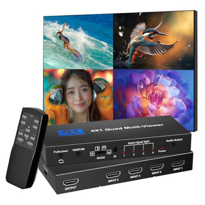 HDMI Multiviewer Switch 4x1 Quad Multi-Viewer 4 in 1 Out Seamless Switching with Remote Control Support 1080P/4K and 5 Display Modes for Security Camera, Gaming Consoles