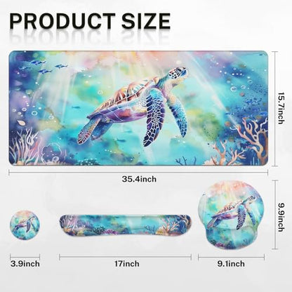 Arttown Keyboard Mouse Pad Set, 4 in 1 Desk Mat Set Sea Turtle | Sea World Animal Large Mousepad+Keyboard Wrist Rest+Mouse Wrist Rest+Coaster Ergonomic Design for Home Office Computer - color: Sea Turtle