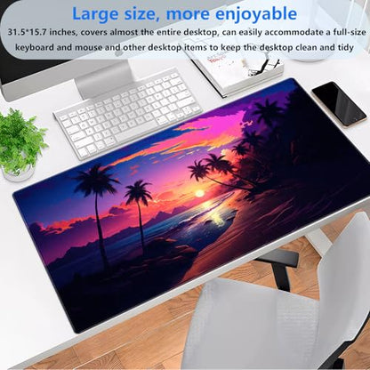 Beach Sunset Desk Mat, Synthwave XXL Large Gaming Mouse Pad | Aesthetic tropical neon desk pad with comfortable 3mm cushion, smooth fabric top, and non-slip natural rubber base. - color: Sunset Beach