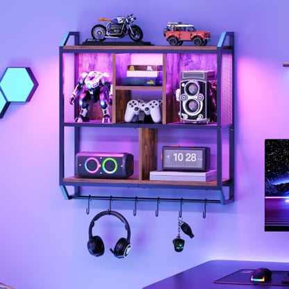 HOOBRO Gaming Floating Shelf with LED Lights, 28.7" LED Wall Mounted Shelf, 3-Tier Display Rack for Wall Storage, Floating Rack with Hanging Rod and 6 S-Hooks, Rustic Brown and Black BF70DBJ01 - color: Rustic Brown + Black