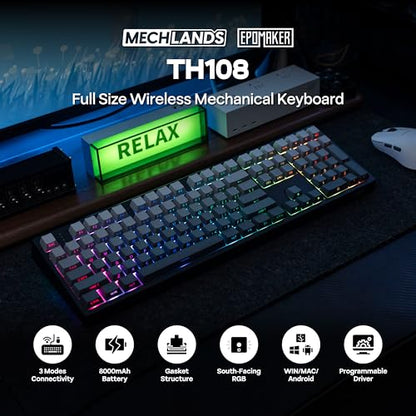 MechLands EPOMAKER TH108 Full Size Mechanical Keyboard, Wireless Gaming Keyboard, 8000mAh Battery, Creamy Gasket, 108 Keys, Hot Swap, Custom Driver, RGB Backlights (Black, Sea Salt Silent Switch) - color: Black, size: Sea Salt Silent Switch