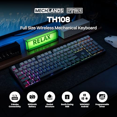 MechLands EPOMAKER TH108 Full Size Mechanical Keyboard, Wireless Gaming Keyboard, 8000mAh Battery, Creamy Gasket, 108 Keys, Hot Swap, Custom Driver, RGB Backlights (Black, Creamy Jade Switch) - color: Black, size: Creamy Jade Switch
