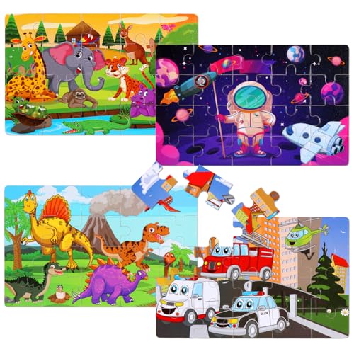 Wooden Puzzles Toys for Kids Ages 3-5, Set of 4 Packs Dinosaur, Space, Transportation Wood Toddler Puzzles, Preschool Brain Teaser Toys for Boys and Girls 3 4 5 6 Years Old - color: Mixed Styles a