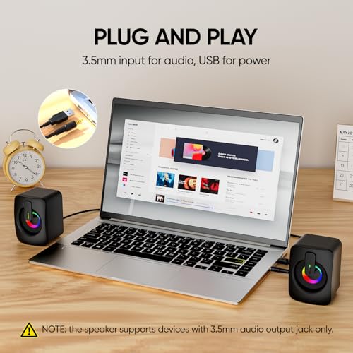 MELOGAGA RGB Computer Speakers, USB Powered 3.5mm Stereo for PC Laptop | Clear Stereo Sound, 7-Color RGB Lighting, USB Plug & Play, Compact Design with Inline Volume Control for Everyday Use