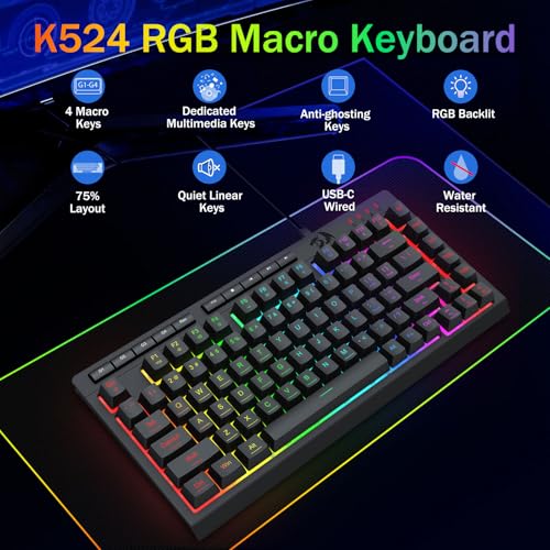 Redragon K524 75% Wired Gaming Keyboard, RGB Backlit, Whisper-Quiet, Black | Membrane Keyboard with Programmable Macro and Multimedia Keys, Anti-ghosting, Spill Resistant,Compact for Win/MAC/PS/Xbox - color: Wired