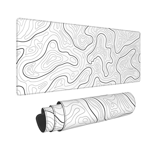 Abstract Topographic Map White Grey Black Gaming Mouse Pad Long Mouse Pad Large Desk Mat 31.5 X 11.8 Inch Mousepad with Non-Slip Base Stitched Edge Keyboard Mat for Gaming Office - color: Light Grey White