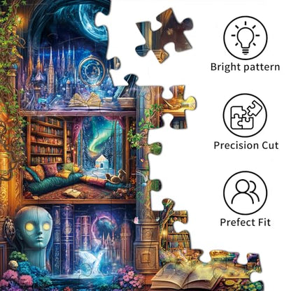 Puzzles for Adults 1000 Pieces, Enchanted Library Jigsaw Puzzle with 1:1 HD Poster, Perfect Interlocking No Dust, Stress Relief Ideal Gift for Family Games - color: Enchanted Library