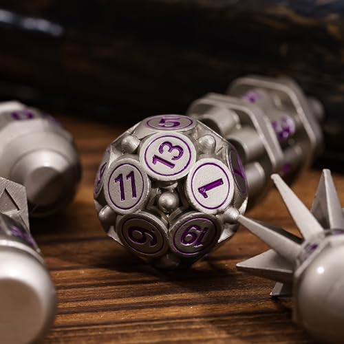 UDIXI Metal DND Dice Set 7PCS Nickel RPG Polyhedral Metal D&D Dice Set | Bomb Shape, Purple Numbers, Solid Metal, Cool Design, Leather Pouch Pakaging, for Dungeons and Dragons Role Playing Games - color: Nickel Purple