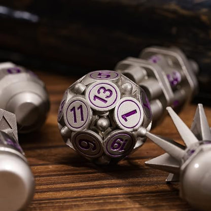 UDIXI Metal DND Dice Set 7PCS Nickel RPG Polyhedral Metal D&D Dice Set | Bomb Shape, Purple Numbers, Solid Metal, Cool Design, Leather Pouch Pakaging, for Dungeons and Dragons Role Playing Games - color: Nickel Purple