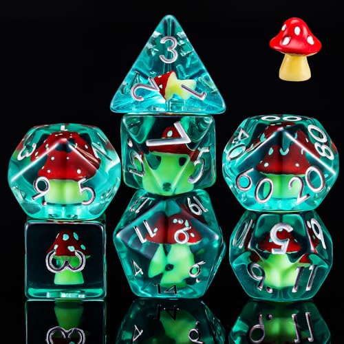 DND Resin Mushroom Dice Set, D&D Polyhedral Dice for Dungeons and Dragons RPG, MTG Role Playing Games D and D Dice 7pc D20 D12 D10 D8 D6 D4 for Ages 15 and Up - color: Red Mushroom