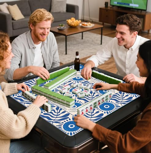 Boho Blue Mahjong Mat 31.5x31.5 Inch, Mediterranean Tiles Non-Slip and Noise Reduction Mah Jong Table Mat Cover Gifts for Mahjong Lovers Poker Board Games Dominoes - color: Boho Blue Mahjong