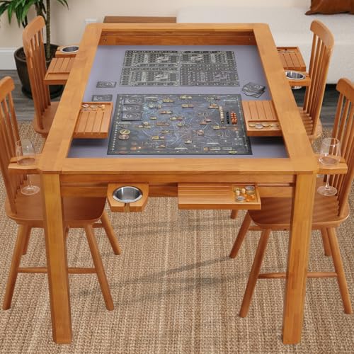 Solid Wood Board Game Table for 4-6 Players with 57.5"x 33.8" | Dining & Gaming Table for Adults with Removable Top, Neoprene Play Mat, Leaf Storage Rack, 6 Cup Holders & Trays, Nature - color: Honey Oak, size: Overlay Leaves