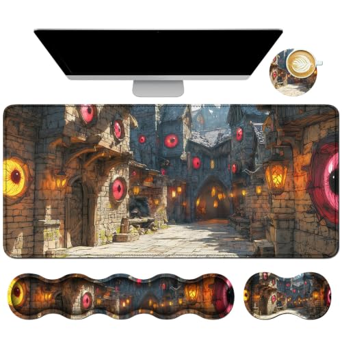 Memory Foam Keyboard Wrist Rest Coaster Desk Mat Set, Castle Town - color: Castle Town, size: 4Pcs Memory Foam Pad