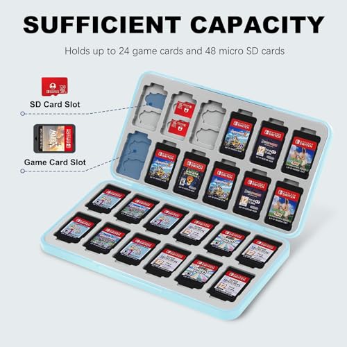 FYY Nintendo Switch Game Case Holder for Switch 2 Cartridge, Light Blue | 24 Game Card Slots & 48 Micro SD Card Slots, Hard Shell, Silicone Lining - color: B-Light Blue