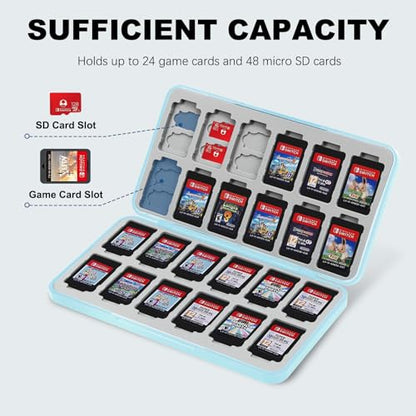 FYY Nintendo Switch Game Case Holder for Switch 2 Cartridge, Light Blue | 24 Game Card Slots & 48 Micro SD Card Slots, Hard Shell, Silicone Lining - color: B-Light Blue
