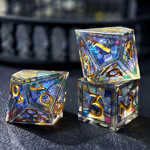 HAOMEJA Double Layered Resin Dice Set 7pcs/ Stained Glass Effect & Gold Numbers/Sharp Edged Polyhedral Dice/Apply to D&D/DND/Role Playing Game/RPG/Party Gift (Black Sky) - color: 1 Black Sky