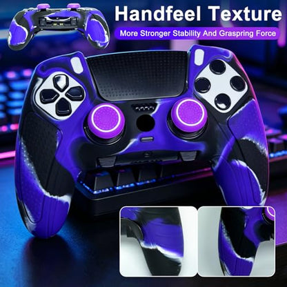 Purple Black Anti-Slip Controller Skin,Studded Edition Protective Silicone Cover Skin Grips Compatible with ps5 dualsense Edge and 6 PCS Thumb Grips Caps. - color: Purple Black