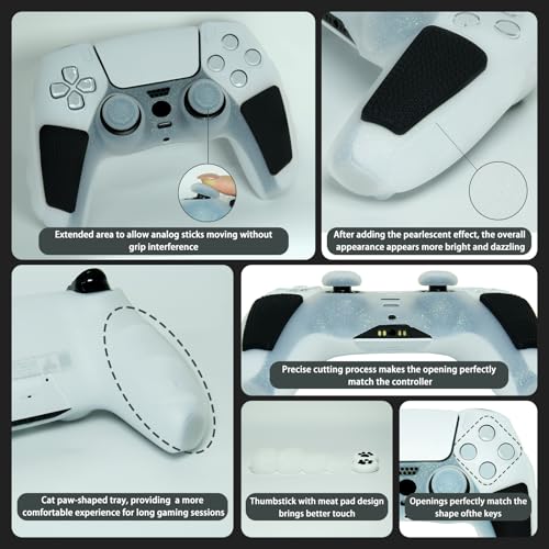 White Glitter Anti Slip Soft Thicked Studded Silicone Cover Skins Compatible with PS5 Controller,Include 8 PCS White Glitter Thumb Grips Glow and 2 Cat Paw Grips Accessories. - color: White Black