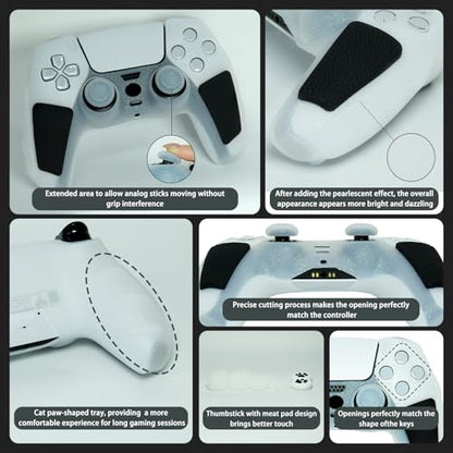 White Glitter Anti Slip Soft Thicked Studded Silicone Cover Skins Compatible with PS5 Controller,Include 8 PCS White Glitter Thumb Grips Glow and 2 Cat Paw Grips Accessories. - color: White Black