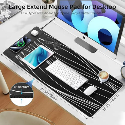 Mouse Pad with Magnetic Wireless Charging, 31.5"x15.8" XXL Desk Mat | Gaming Mousepad Ultra-Smooth Surface, Non-Slip Rubber Base, Waterproof Computer Keyboard Pad for Desk, Office, Black and Line - color: Black and Line - 31.5"x15.7"