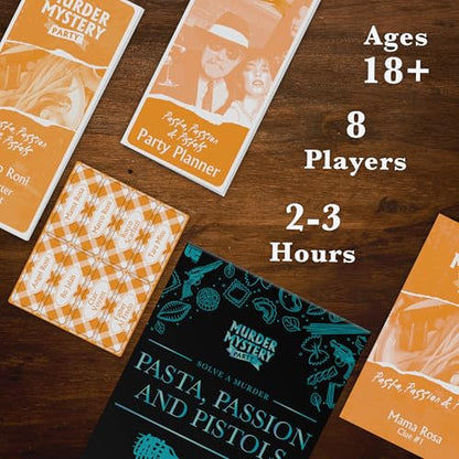University Games Murder Mystery Party Games - Pasta, Passion & Pistols, Host Your Own Italian Restaurant Murder Mystery Dinner for 8 Players, Solve the Case with Crime Scene Clues, 18 Years and Up