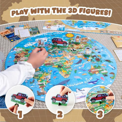 BONNYCO Giant Floor Puzzles for Kids World Map with 70 Large Pieces. Round Globe Puzzle with Animals, 23 x 23 in, 15 Cards, 4 3D Figures, Guide. Learning Gifts, Toys for 4 Year Old Boys