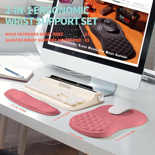 2-in-1 Ergonomic Set, Wave Rise Keyboard Wrist Rest and Massage Bulge Slope Mouse Pad Wrist Support, Cushion Memory Foam Integrated to Relieve Wrist Pain, Muskmelon Pink - color: Muskmelon Pink
