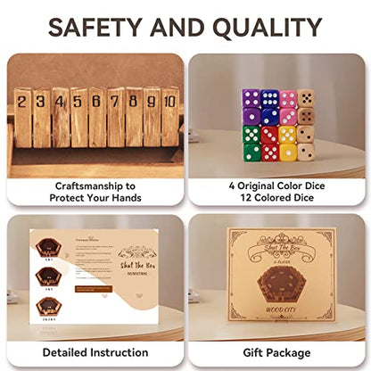 WOOD CITY Shut The Box Game Wooden for 6 Players, Close The Box Math Game for Kids Adults with 16 Dice, 6 Way Tabletop Quick Board Game for Family Friends 3+ Years Old in Classroom, Party or Pub - style: 6 Players
