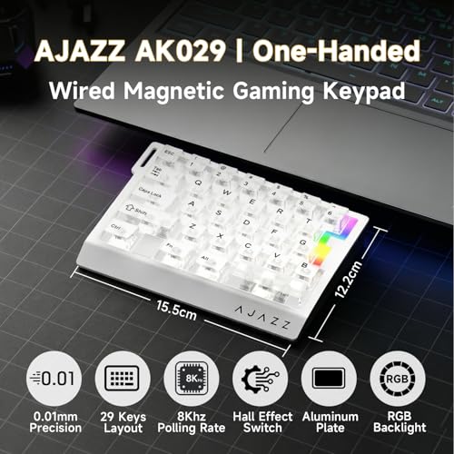 AJAZZ AK029 Wired One-Handed Hall Effect Mechanical Gaming Keypad, 29 Keys | Magnetic Switch, Rapid Trigger, 8KHz Polling, SOCD/DKS, RGB Backlit, Web Driver Customizable, Portable, White Transparent - color: Transparent White