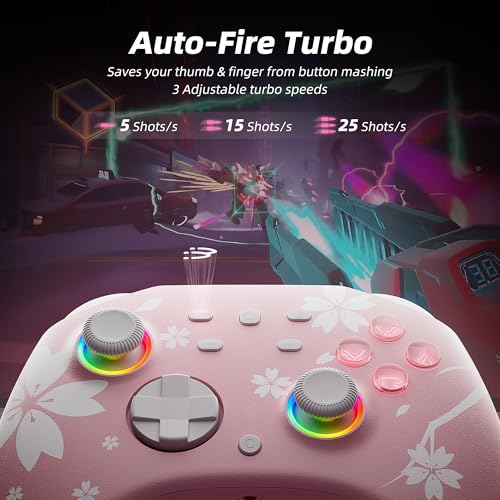 Mytrix Wireless Controllers for Switch/Switch 2, Windows PC iOS Android Steam/Steam Deck, Sakura Pink Bluetooth Controller with Programmable, Hall Effect Joysticks, Adjustable LED Light/Turbo/Vibration - color: Sakura Pink