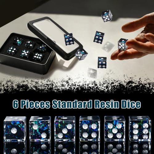 AUSTOR 6 Sided Dice 16mm, 6 Pcs D6 Dice Handmade Sharp Edge Resin Dices Set | Resin Dice 6 Sided, Non-toxic, for DND Tenzi Farkle Yahtzee, with Metal Case - color: Dark Star Silver