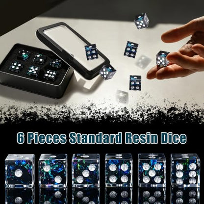 AUSTOR 6 Sided Dice 16mm, 6 Pcs D6 Dice Handmade Sharp Edge Resin Dices Set | Resin Dice 6 Sided, Non-toxic, for DND Tenzi Farkle Yahtzee, with Metal Case - color: Dark Star Silver